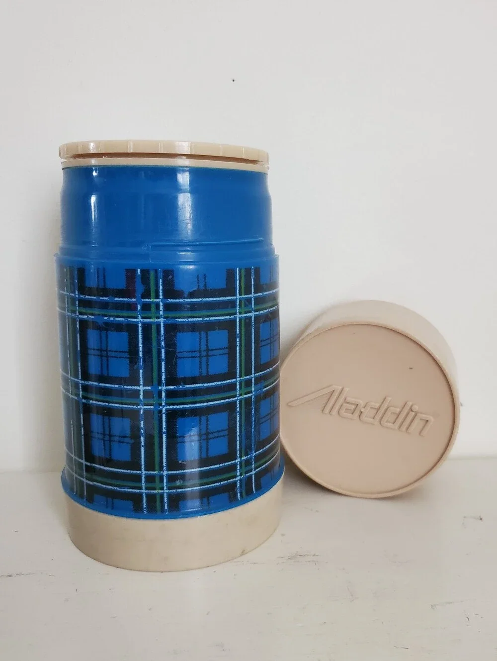 Vintage Aladdin Blue Plaid Wide Mouth Plastic Thermos Pint Size With Bowl Lid